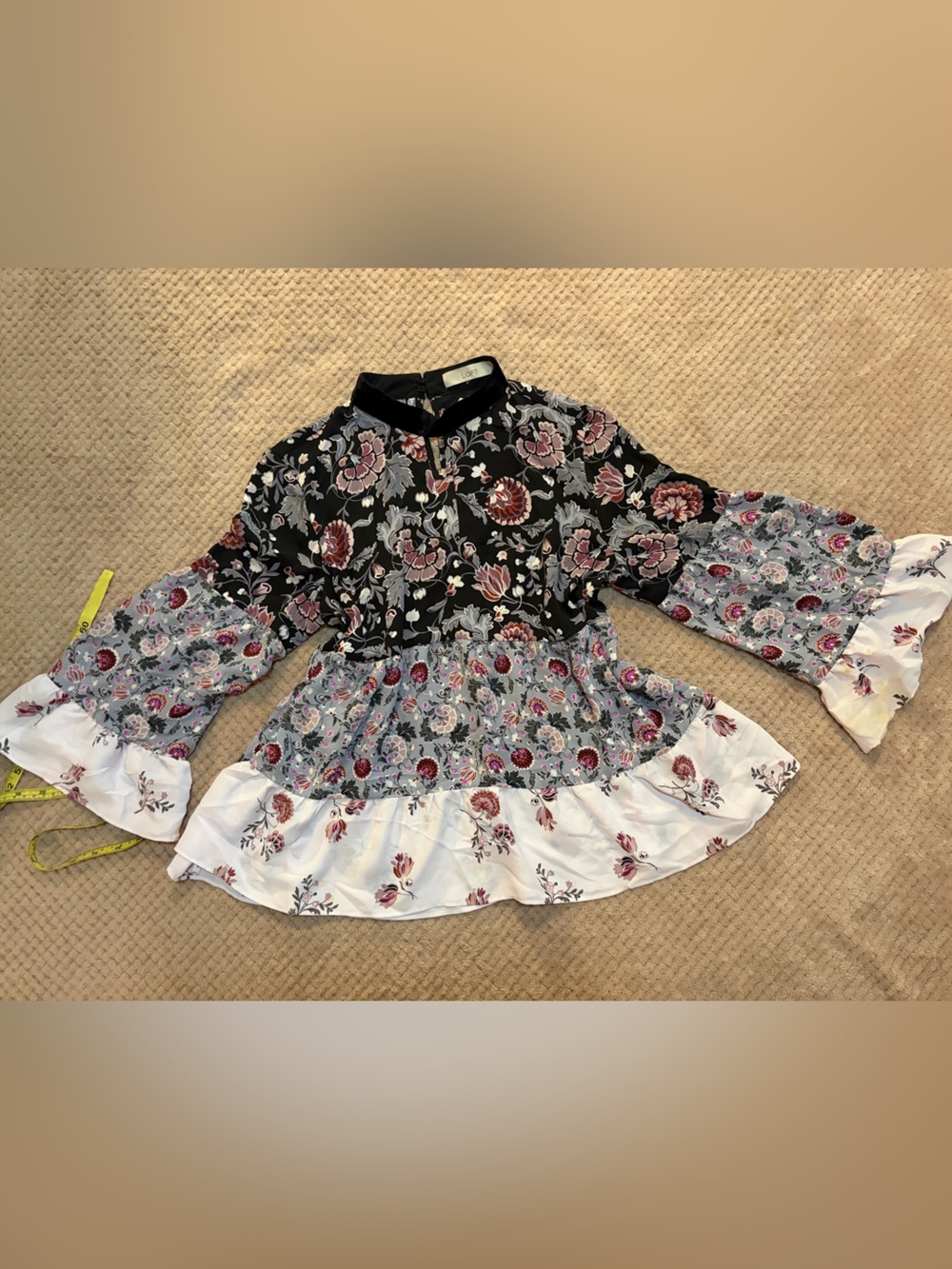 LOFT Floral Mixed-Print Peplum Blouse - Black, White, Pink